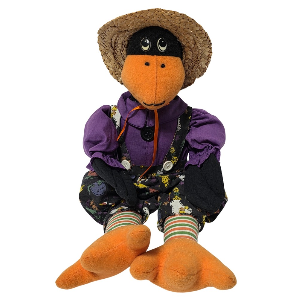 Vintage 1999 Halloween Crow Plush Straw Hat Purple Overalls Decor 18 inch